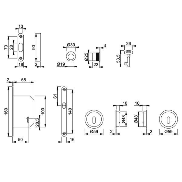 Set Porte Coulissante Intérieure à Condamnation Clé L Alu Hoppe Axe 50mm 2 Set Porte Coulissante Intérieure à Condamnation Clé L Alu Hoppe Axe 50mm - Image 2